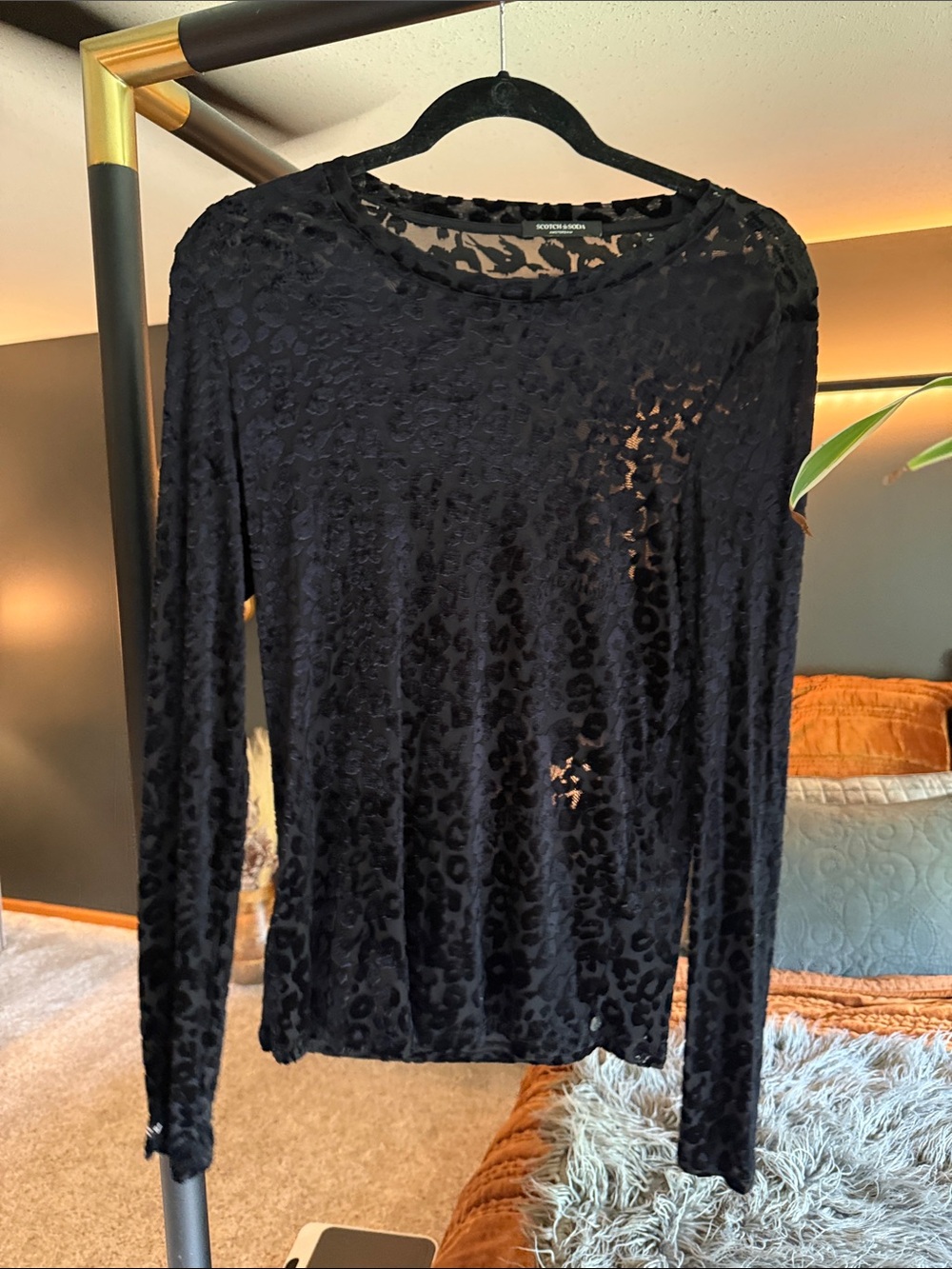 Scotch & Soda Black Sheer Leopard-Pattern Long Sleeve Top